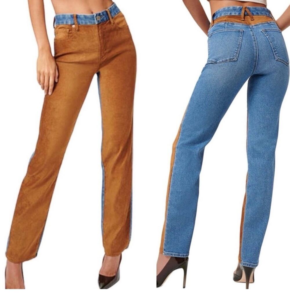 Good American Icon Vegan Suede Jeans Sz 00 24 Western Cowgirl Straight Mixed